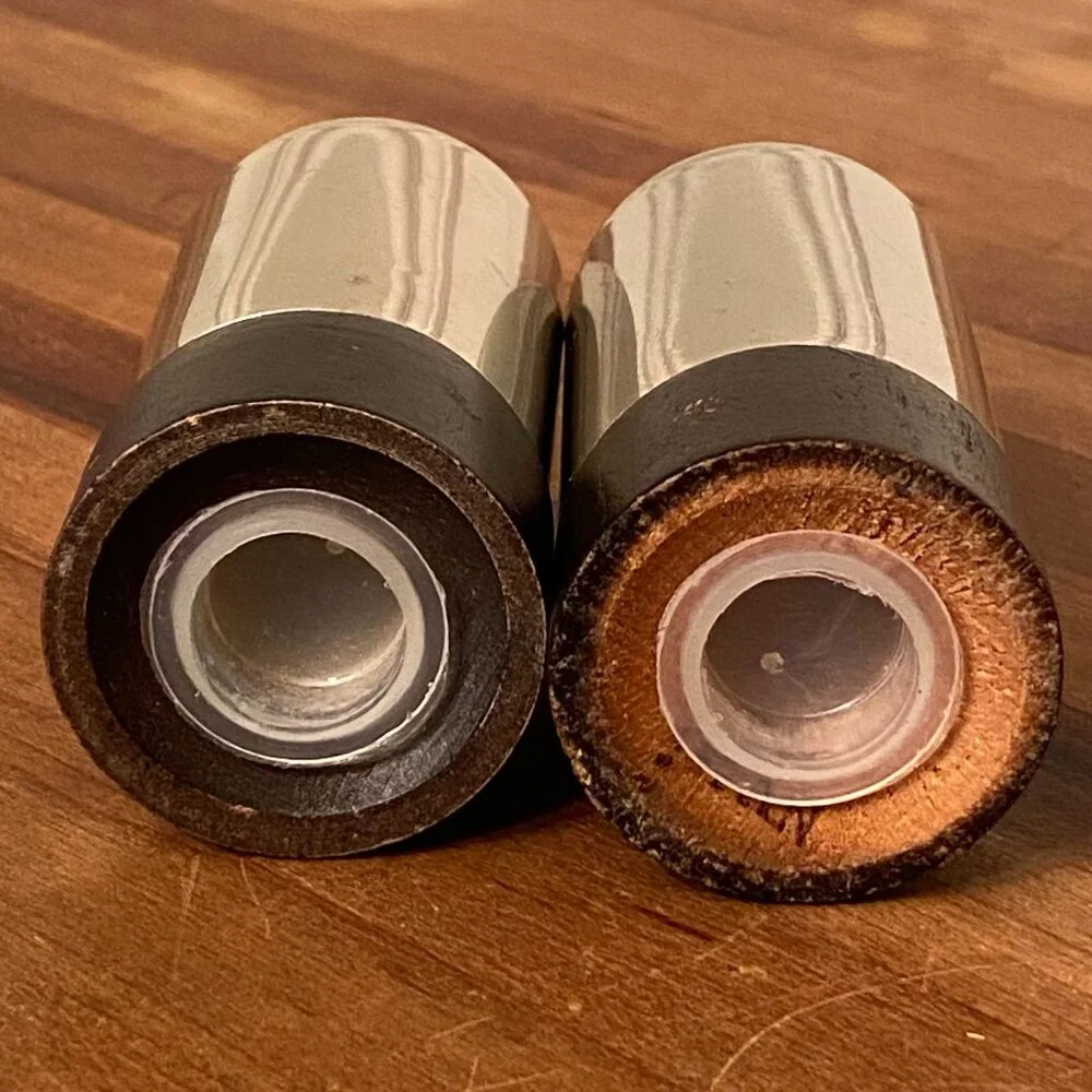 Vintage Salt and Pepper Shakers Set Stainless Steel with Wood Base